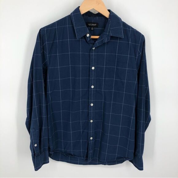 Lucky Brand Button Front Shirt Mens Medium Slim Fit Blue Plaid Long Sleeve - Picture 1 of 7